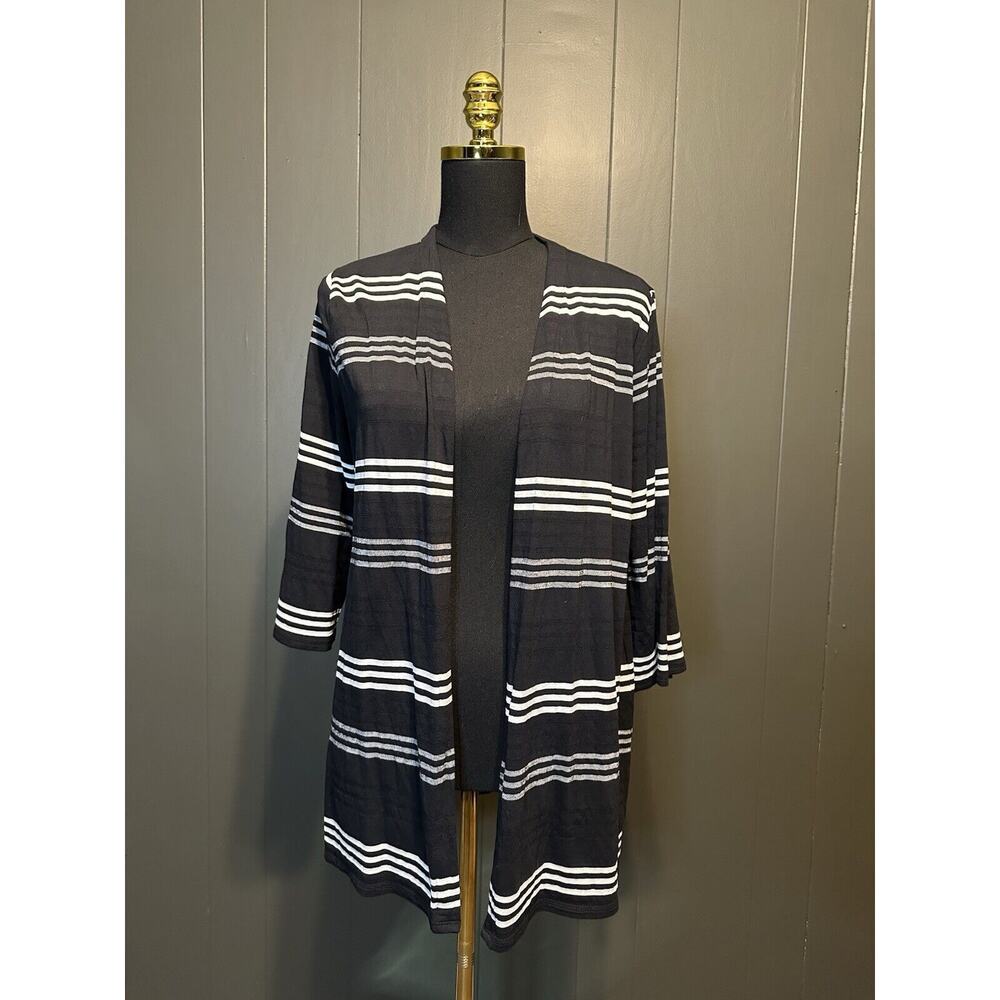 J. Jill size petite Medium black open‎ front cardigan white stripe 3/4 sleeves